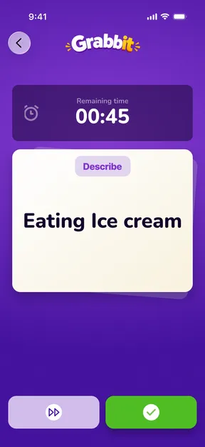 Grabbit-spelscherm met timer en het woord 'Eating Ice cream' op een speelkaart