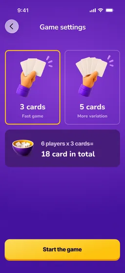 Grabbit-scherm: spelinstellingen met 3 of 5 kaartjes per speler