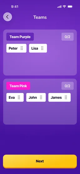 Grabbit-scherm: teams indelen met Team Purple en Team Pink