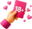 Hand met een roze 18+-kaart en hartjes